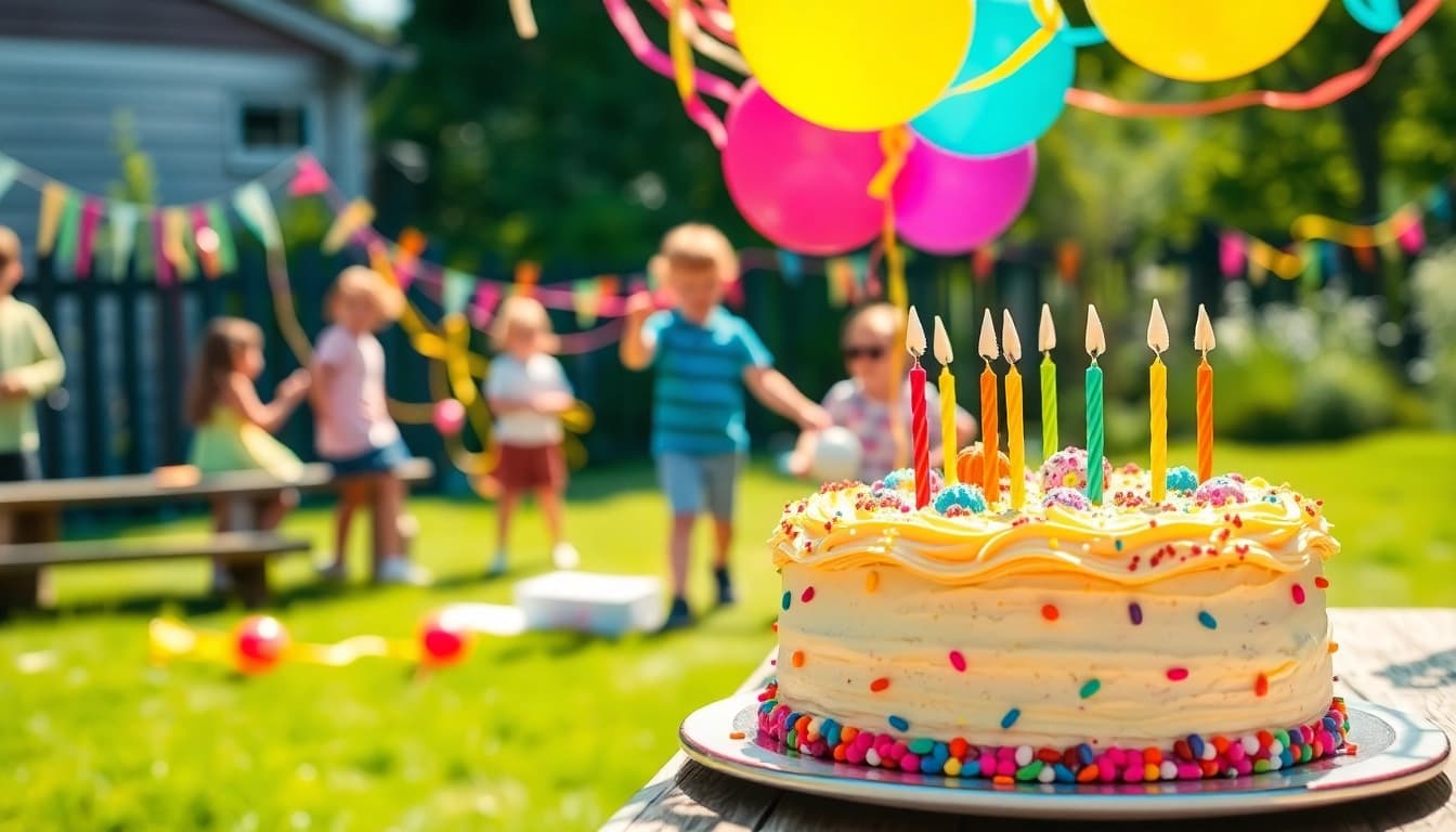 Feier zum Kindergeburtstag 4 Jahre mit buntem Kuchen und spielenden Kindern im Freien.