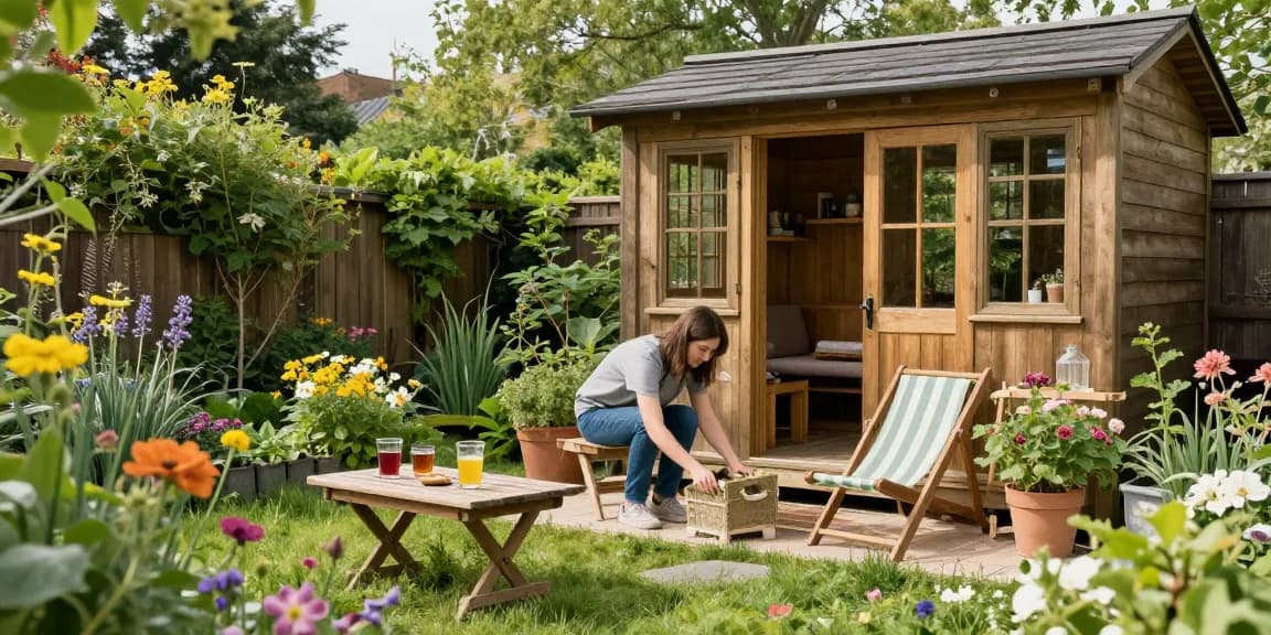 Gartenhaus kaufen: Traumhaftes Holz-Gartenhaus im Garten mit Blumen und Möbeln.