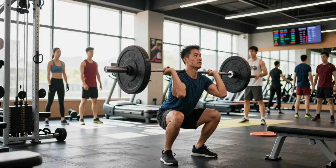 Ein Mann hebt Gewichte in einem energiegeladenen Fitnessstudio und zeigt die Fitnessprodukte von Steroidshop.
