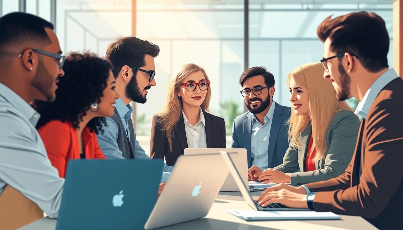 Headhunter IT team collaborating in a modern office environment to improve recruitment.