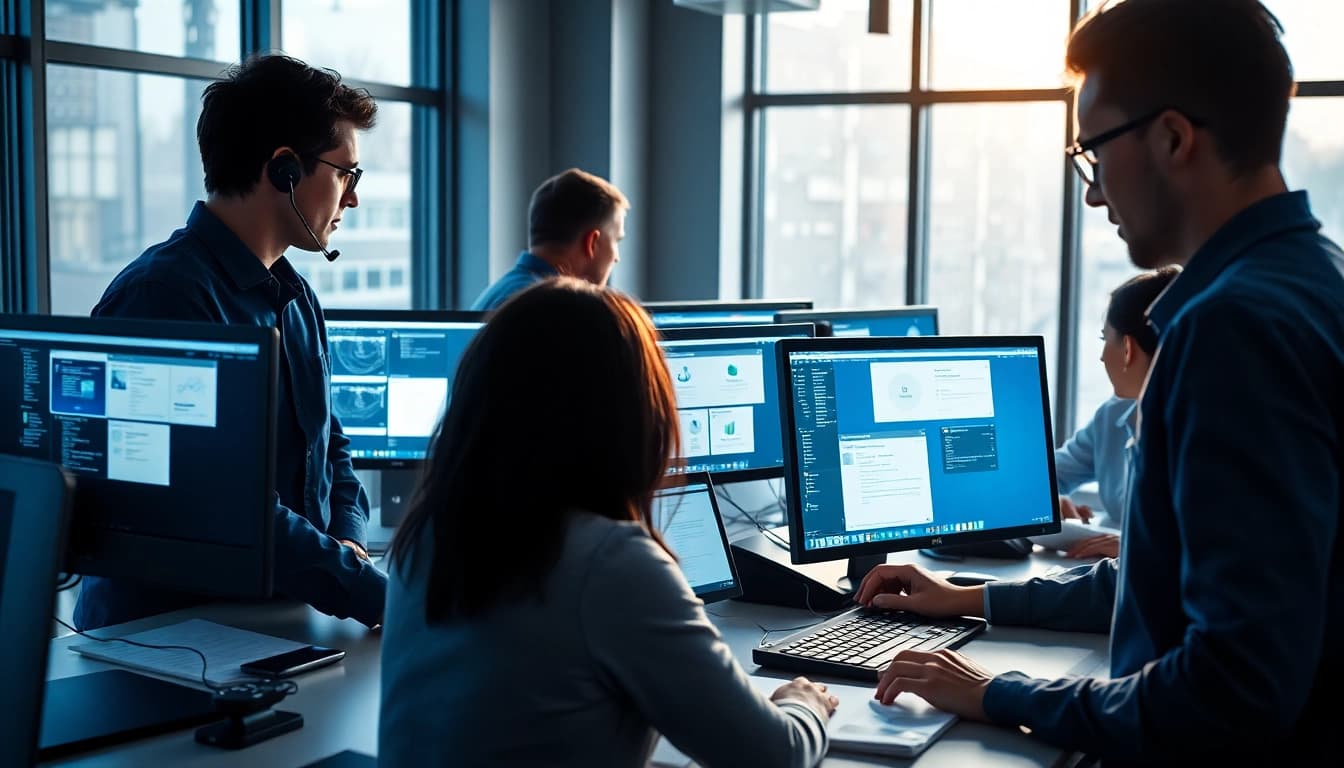 Effektive Software Hilfe durch ein dynamisches Team in einem modernen Büro.