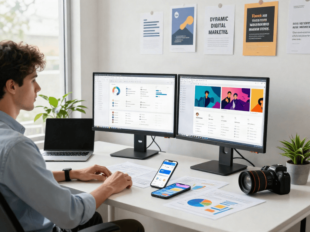 Marketer analyzing rokok88 link metrics in a vibrant office environment.