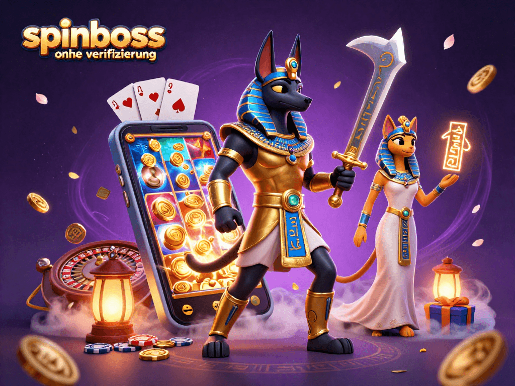 Erlebe spannende Slots mit spinboss ohne Verifizierung, dargestellt durch Anubis und Bastet in dynamischer Casino-Illustration.