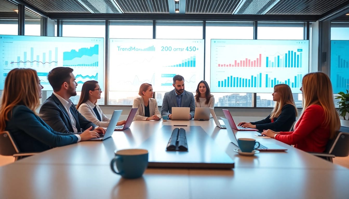 Analysing Internet Trends with a professional team in a conference room.