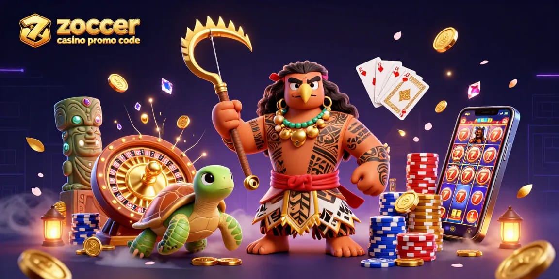 Play with zoccer casino promo code to unlock bonuses with vibrant colorful 3D casino art.