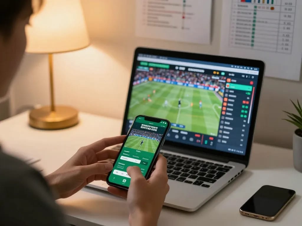 Engaging with tỷ lệ nhà cái on a mobile sports betting app in a modern home office.