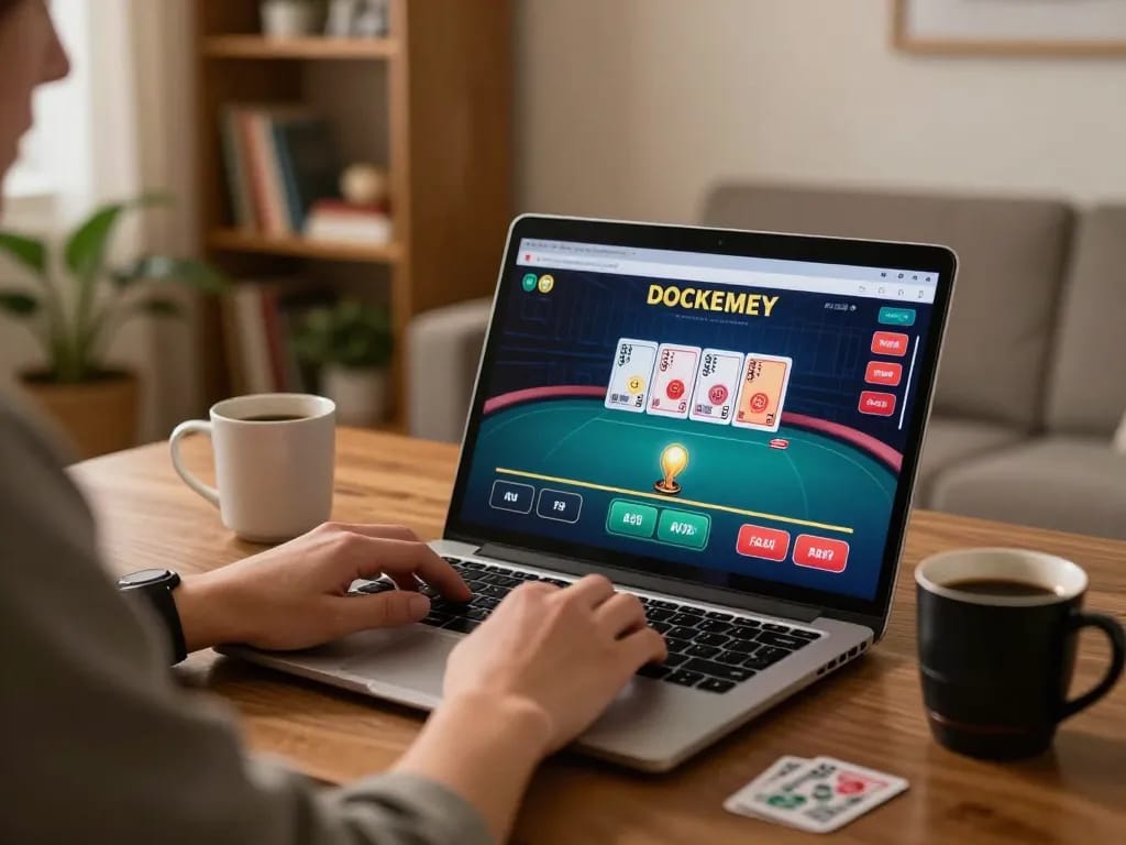 Player using mb668 for online poker strategy in a cozy home setup