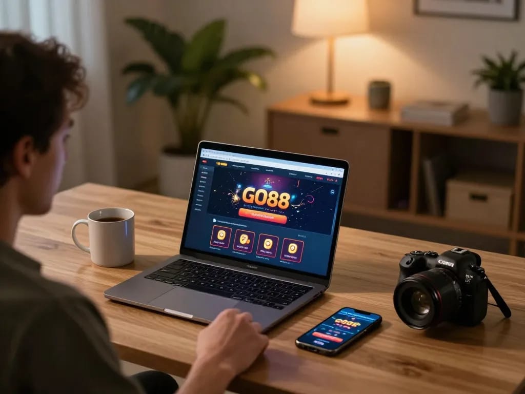 Player engaging in online gaming at GO88, featuring immersive casino interface and cozy atmosphere.