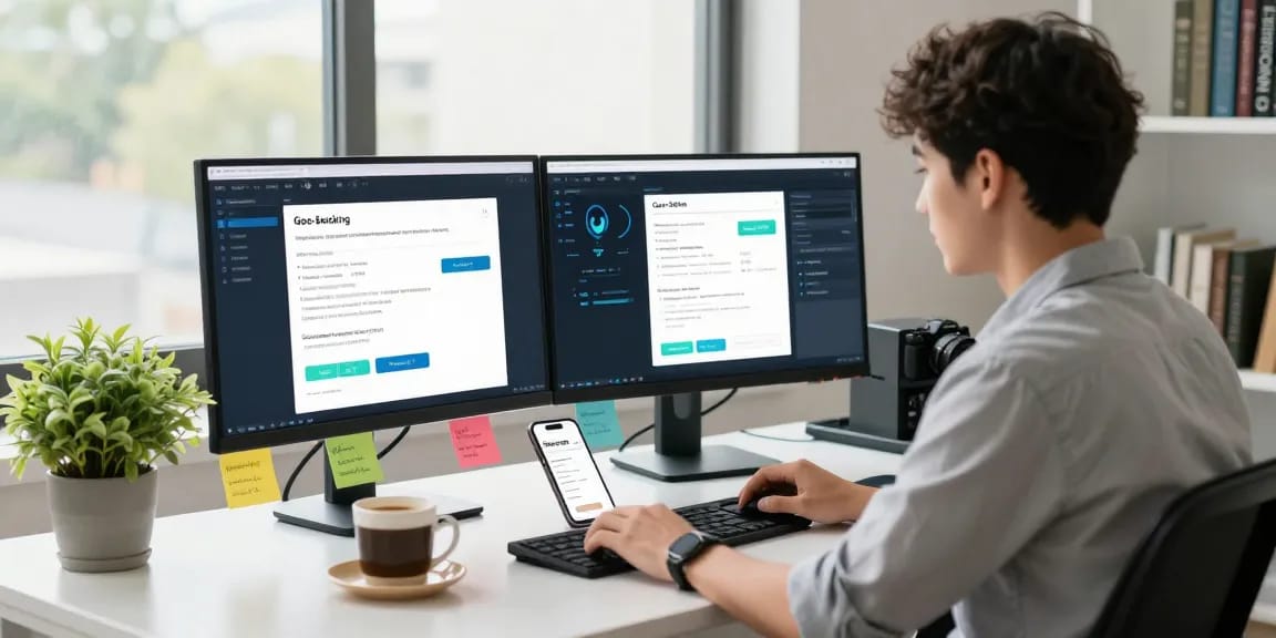 Young tech enthusiast exploring geoblocking umgehen ohne VPN solutions in an engaging digital workspace