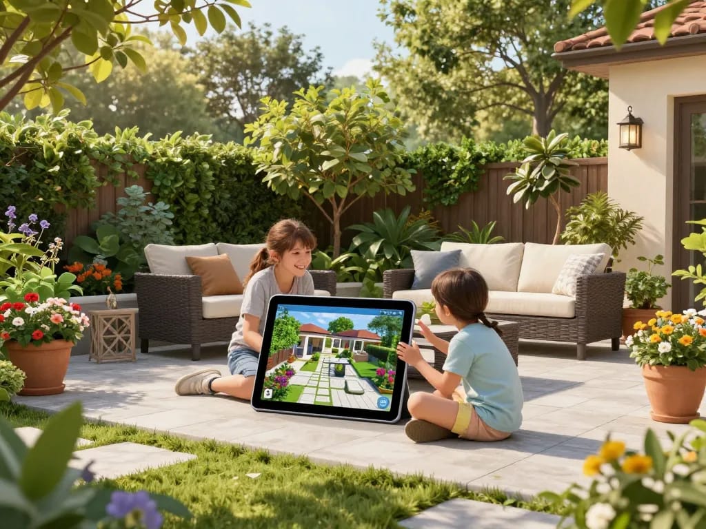 Visualisierung eines Veranda 3D Konfigurators mit einer Familie in ihrem Garten, umgeben von Grün und lebhaftem Wohnstil.