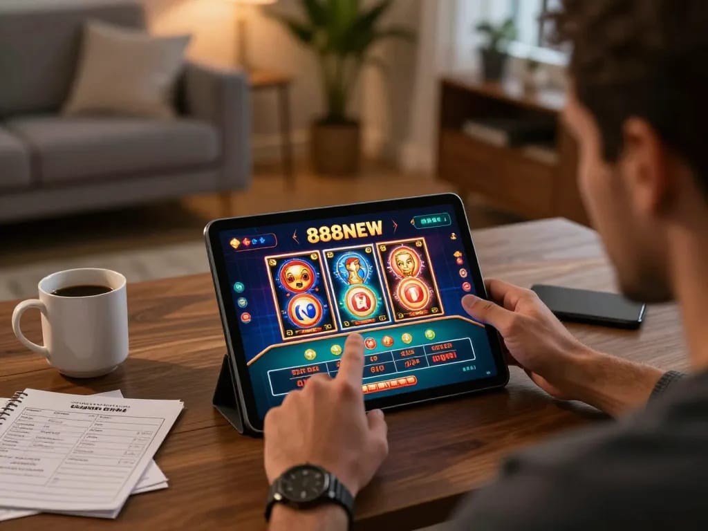 Engaging gameplay on the 888NEW casino app in a cozy home setting, showcasing strategic online betting.