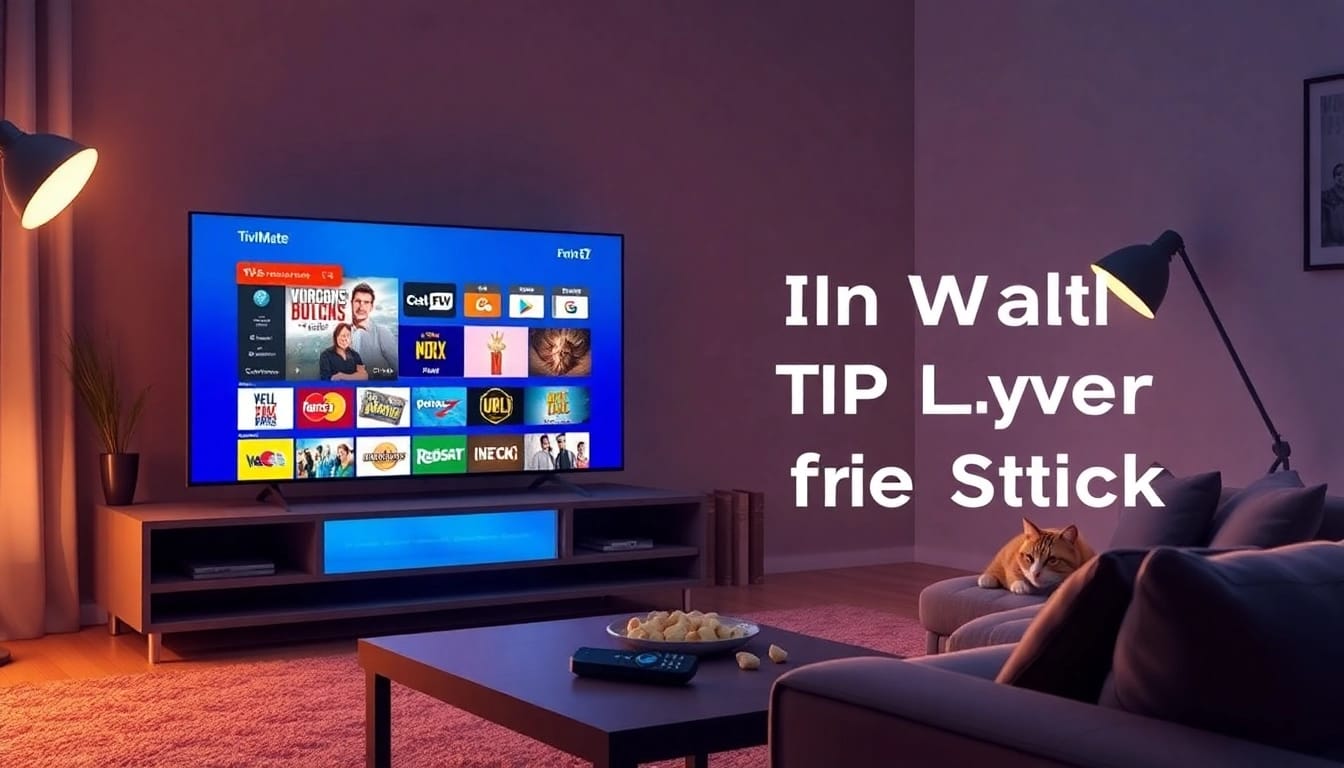 TiviMate IPTV Player installation on Fire TV Stick in a cozy living room setting.