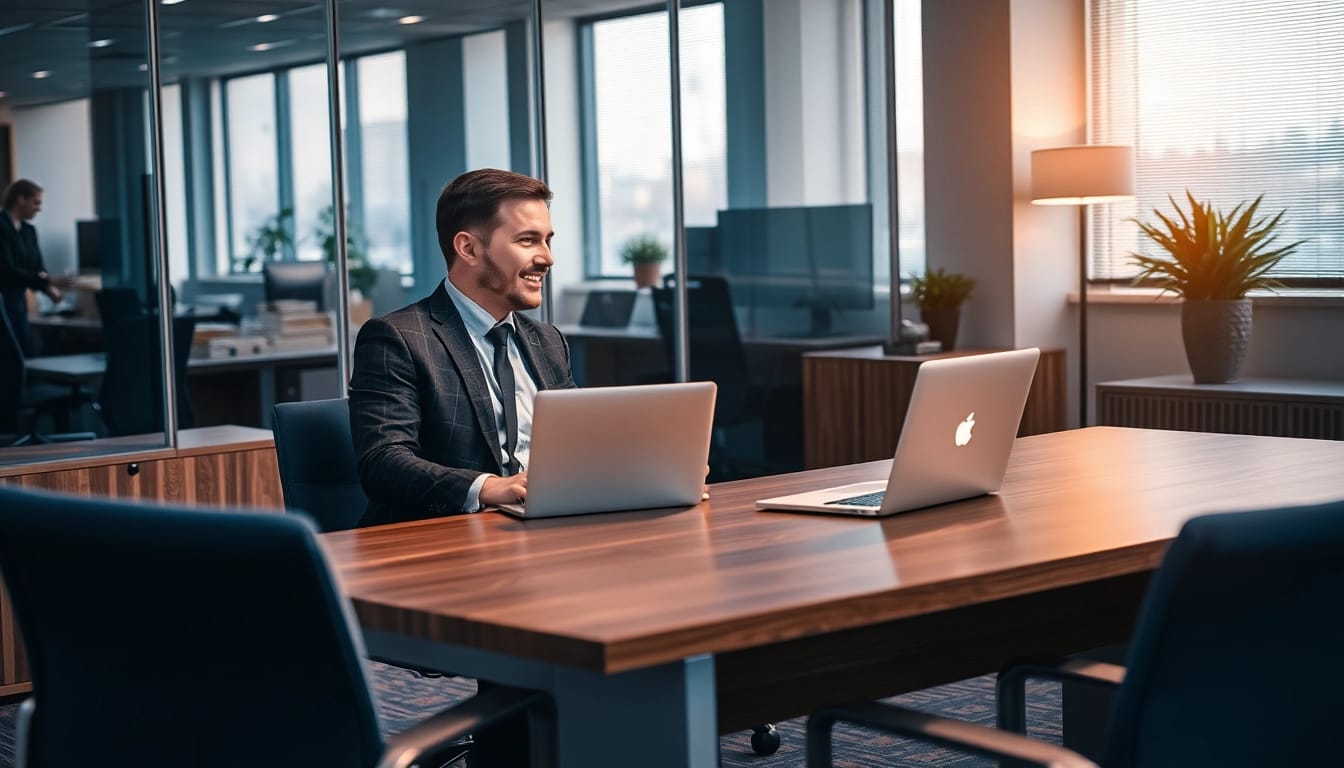 Headhunter Leverkusen in einer professionellen Büroumgebung, während er mit einem Klienten spricht.
