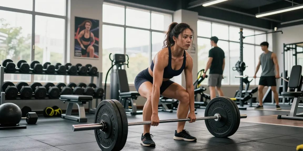 Anabolika Shop Deutschland - Athletische Frau, die in einem hellen Fitnessstudio mit Geräten Kreuzheben macht und Hingabe sowie Stärke zeigt.