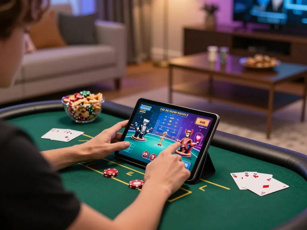 99OK player strategizing during a home poker game on tablet with notes