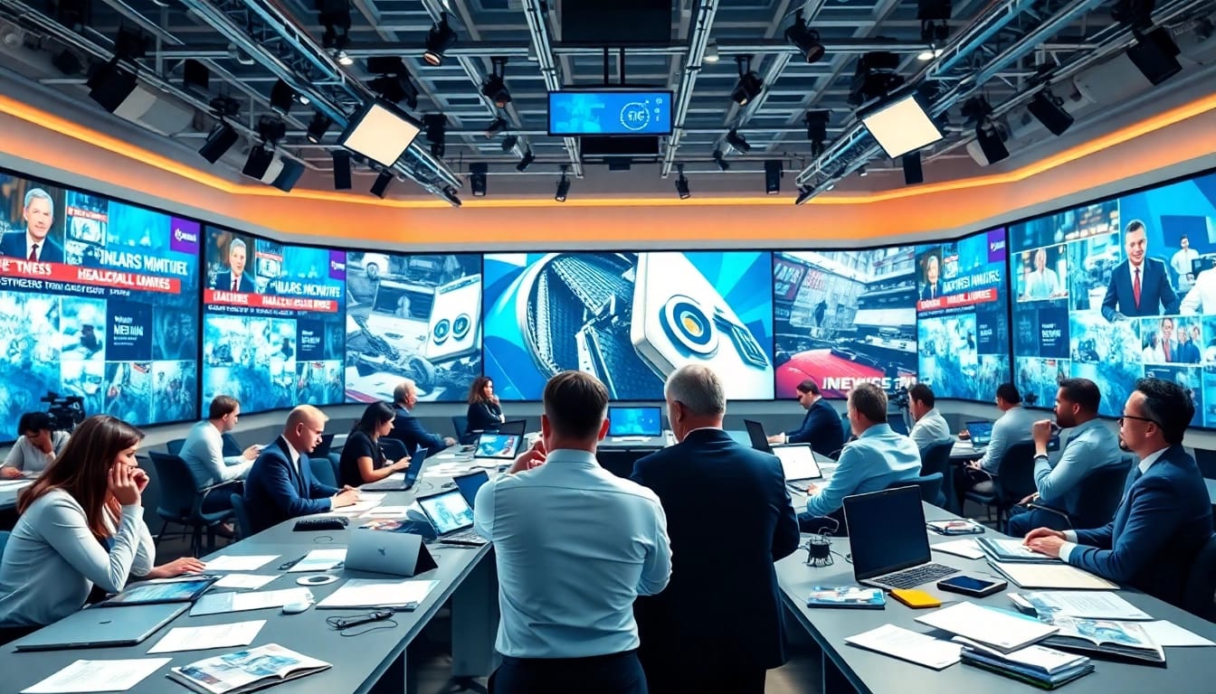 Aktuelle Meldungen in einer modernen Nachrichtenredaktion mit Journalisten bei der Arbeit.
