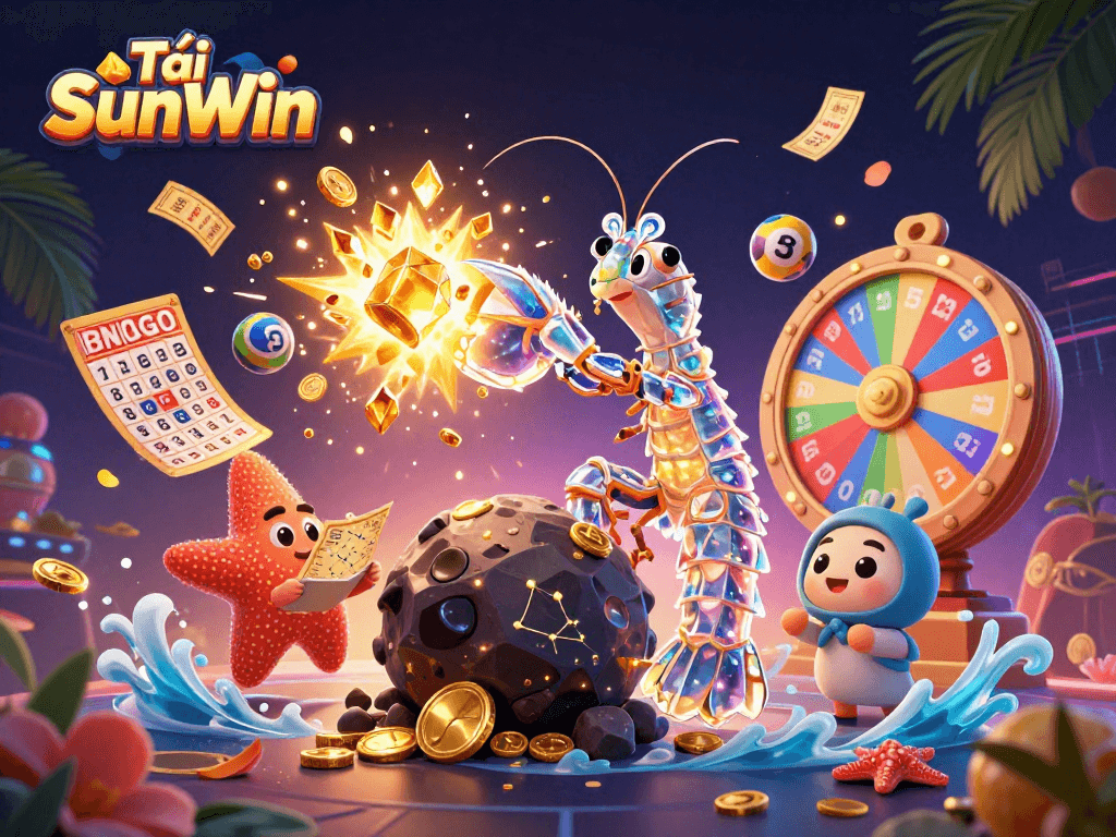 Tải SunWin showcases a dynamic galactic samurai mantis shrimp amidst golden gems and colorful lottery elements.