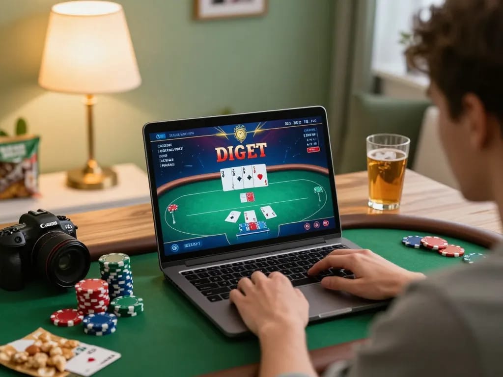 Player enjoying online poker at home on mb668.co with laptop and snacks
