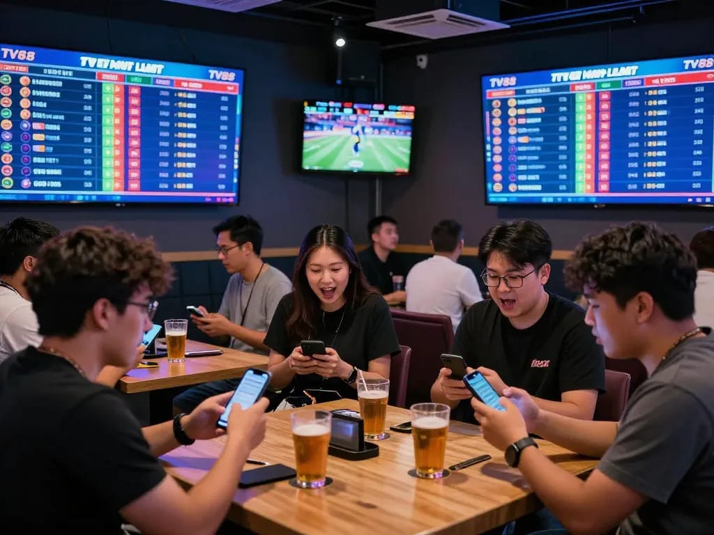 Excited bettors engaging with the TV88 app during a high-stakes sports event, capturing the essence of modern gambling.