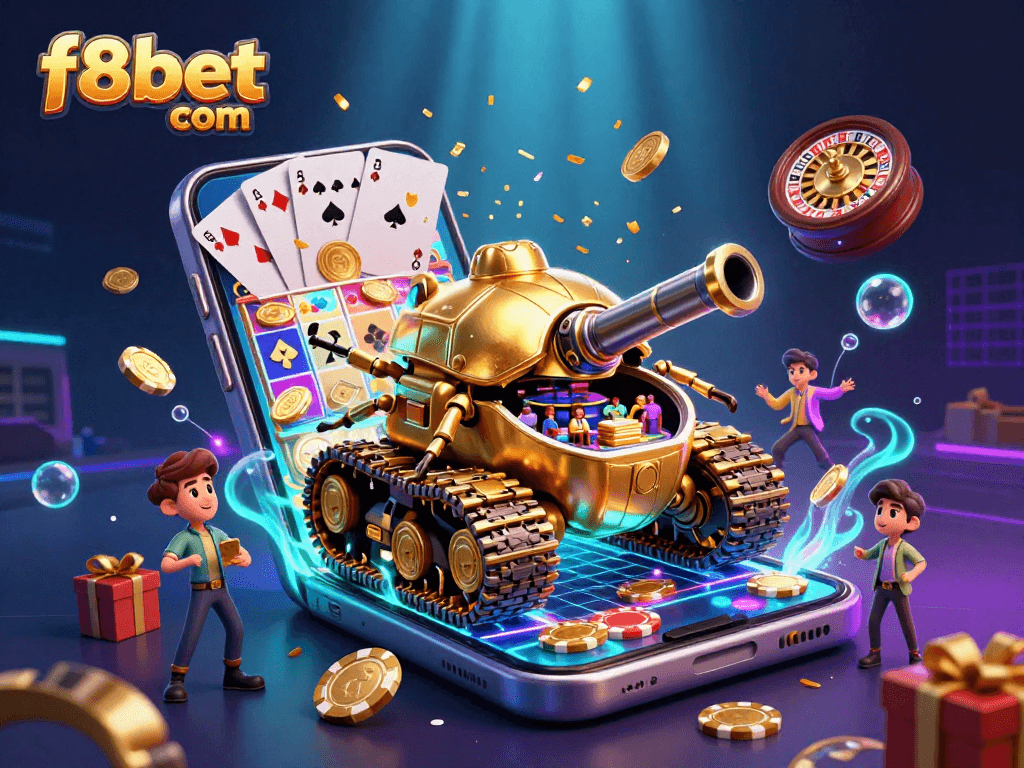 Discover the vibrant casino world of f8bet com with a golden beetle tank playing games and winning coins.