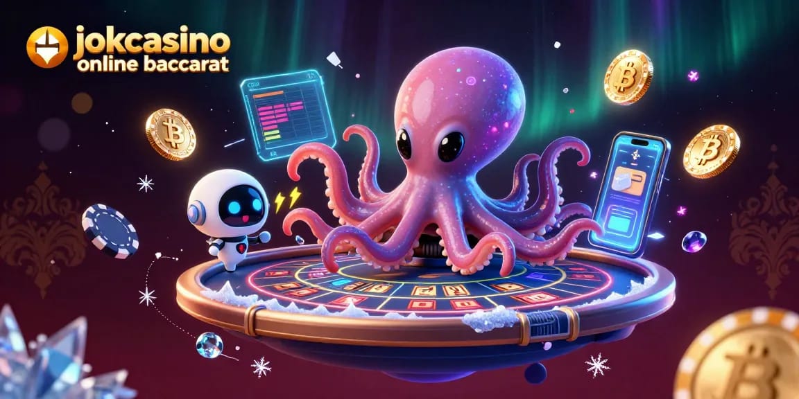 Experience jokacasino online baccarat in a vibrant cosmic setting with a cartoon alien octopus and poker elements.