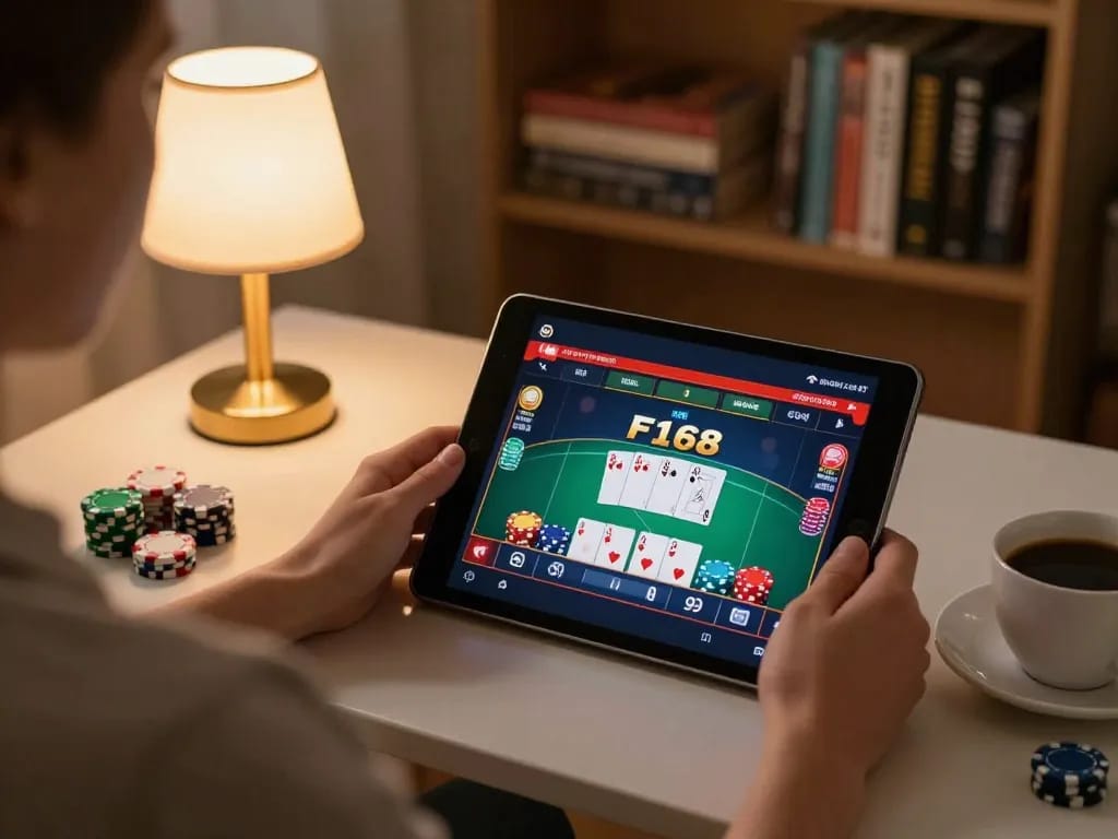 Player engaging with F168 poker game on tablet, cozy home setting with strategic notes.