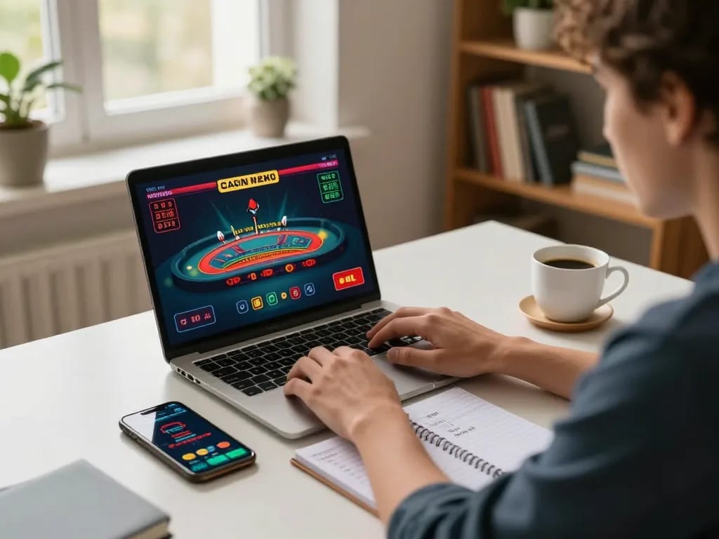 Engaging online gaming at https://va88.uno/ showing live dealer blackjack on a laptop, with strategic notes.