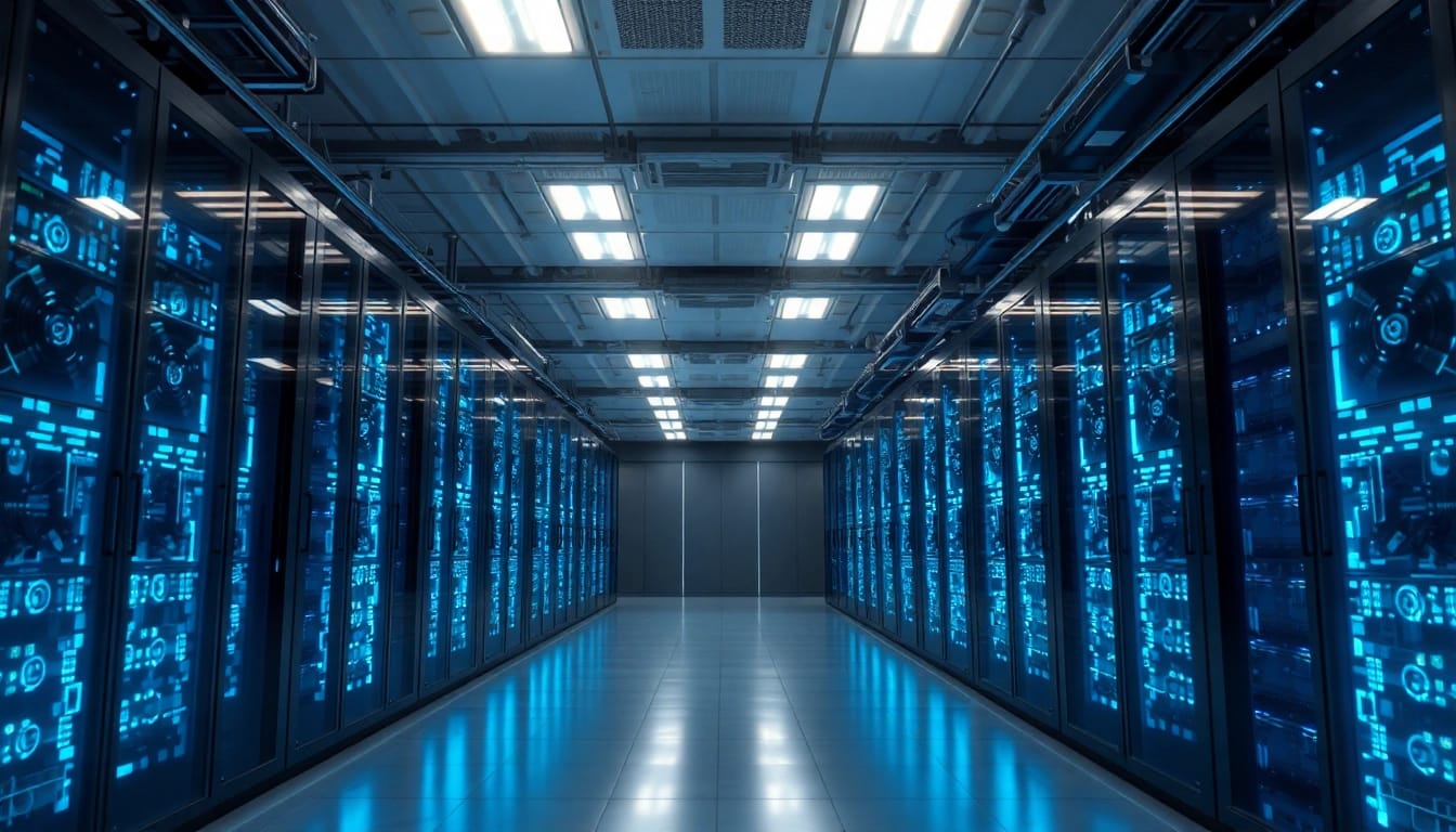 Visualisieren Sie die Microsoft Server 2025 Standard Edition Key in einer modernen Serverumgebung mit futuristischer Technologie.