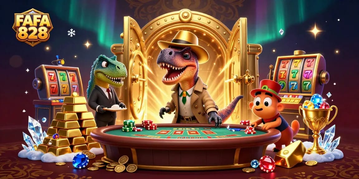 FAFA 828 shows a velociraptor card counter and a stegosaurus pit boss at an exciting blackjack game.