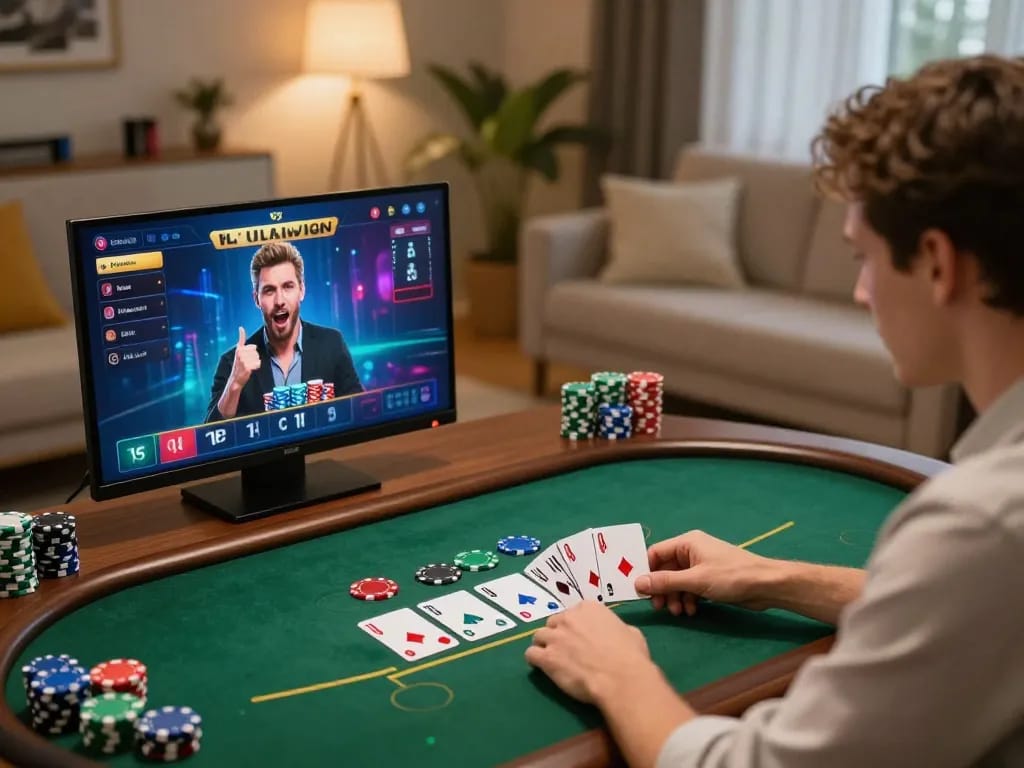 Player enjoying VIN777 online blackjack with immersive interface and cozy atmosphere.
