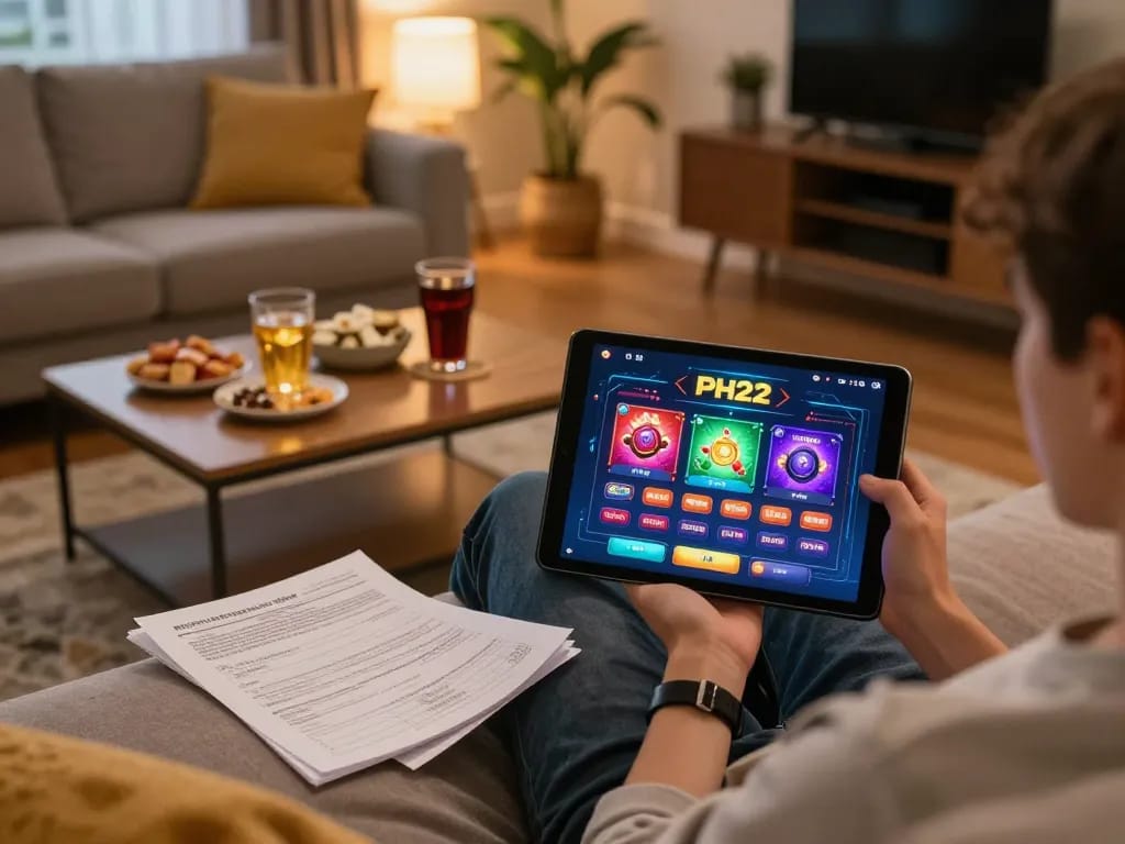 Engaging online gambling experience with PH22 app showcased on tablet in a cozy home setting.