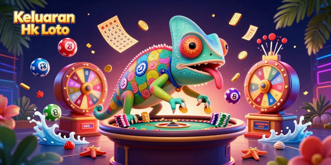 Keluaran Hk Lotto showcases a vibrant scene of a chameleon casino owner and colorful lottery elements in action.
