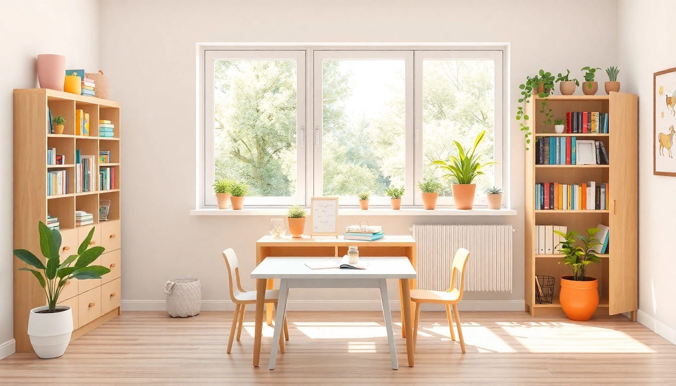 Gestalten Sie eine freundliche Lernumgebung für Heimunterricht mit buntem Schreibtisch und vielen Büchern.