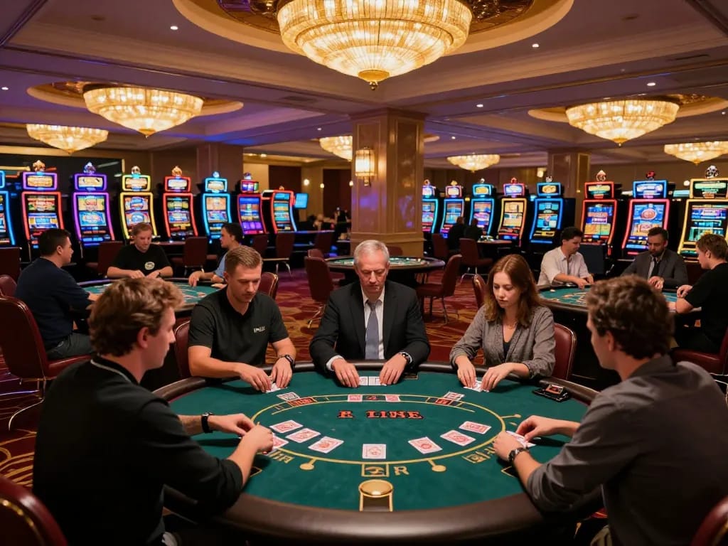 Trải nghiệm chơi game hấp dẫn tại 789 club với những người chơi thi đấu tại bàn poker trong một sòng bạc sôi động