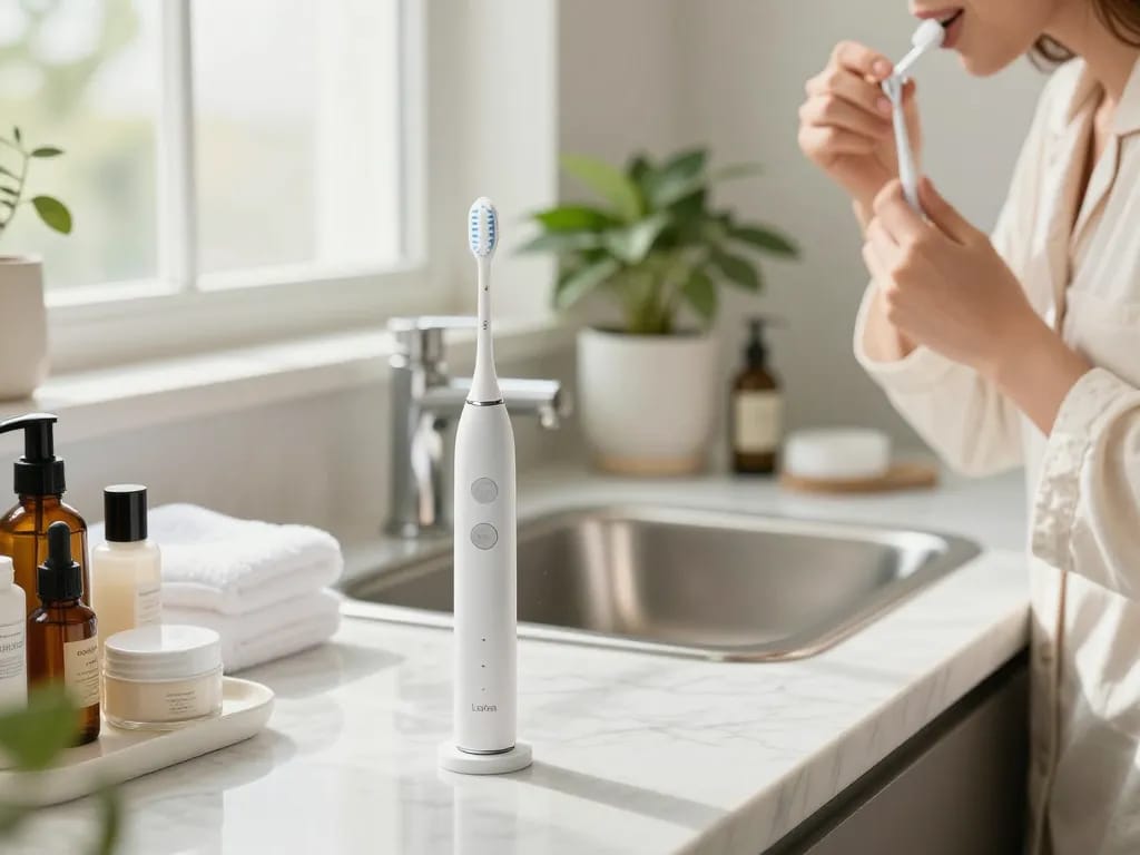 Laifen Zahnbürste in einer stilvollen Badezimmerumgebung während einer Mundpflege-Routine, die Luxus mit Hygiene verbindet.
