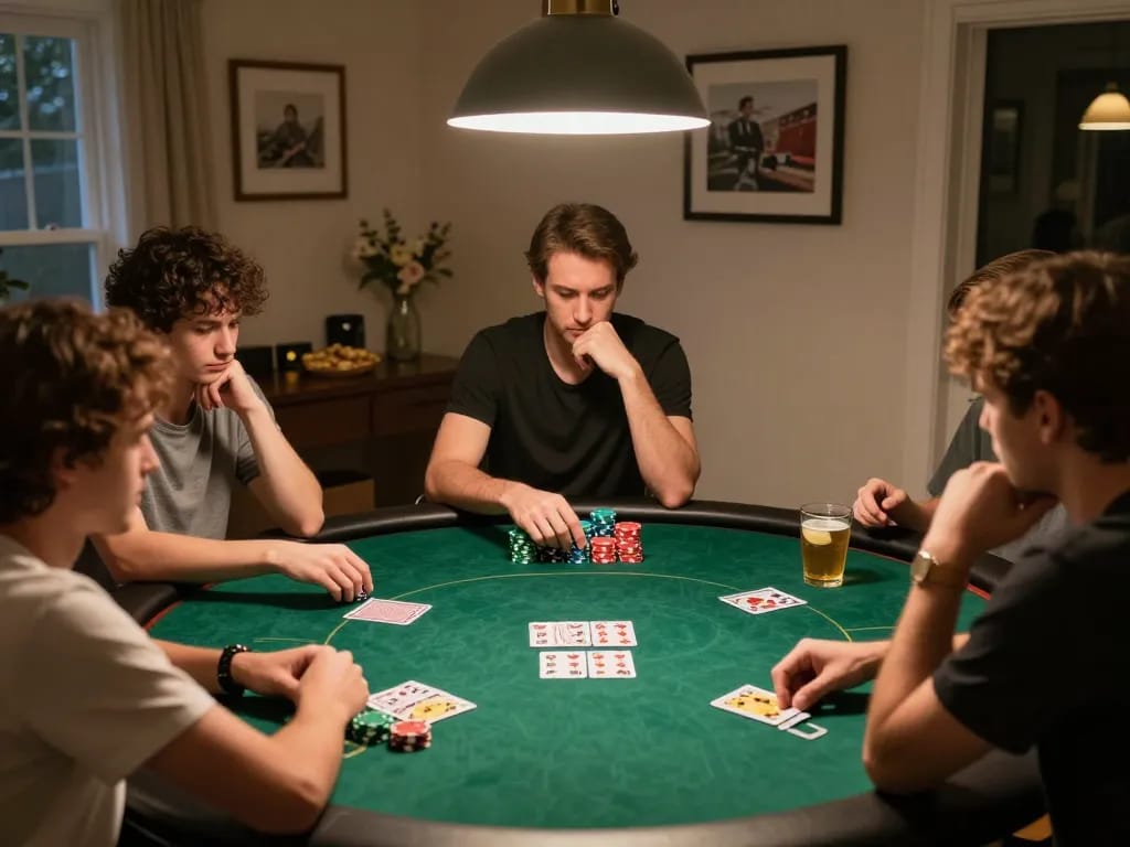Players enjoying a strategic poker game at home featuring fabet branding, snacks, and drinks.