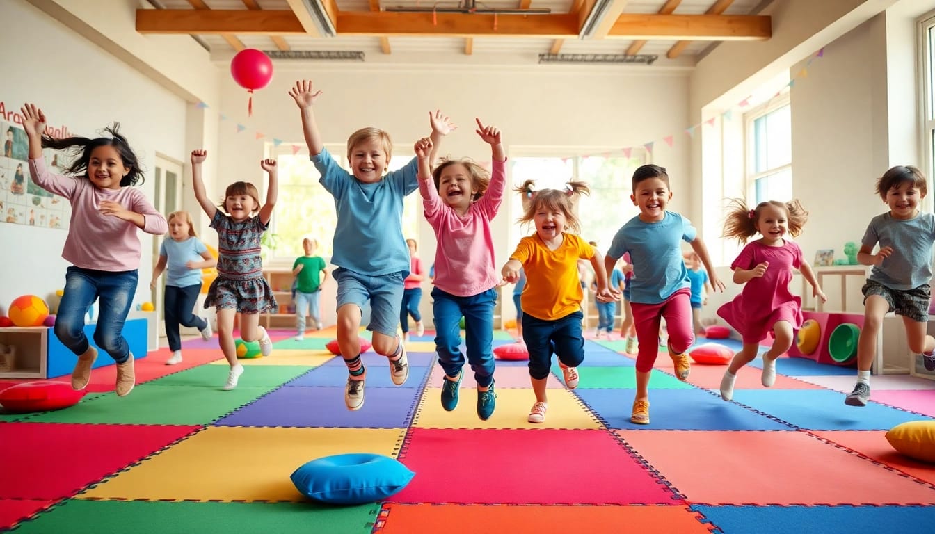 Kinder spielen Bewegungsspiele drinnen, um mehr dazu lesen in einem lebhaften Raum.