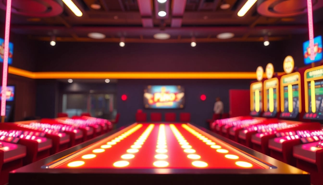 Erleben Sie das Plinko seriös in einer einladenden Spielhalle mit einem leuchtenden Spielbrett und fröhlichen Spielern.