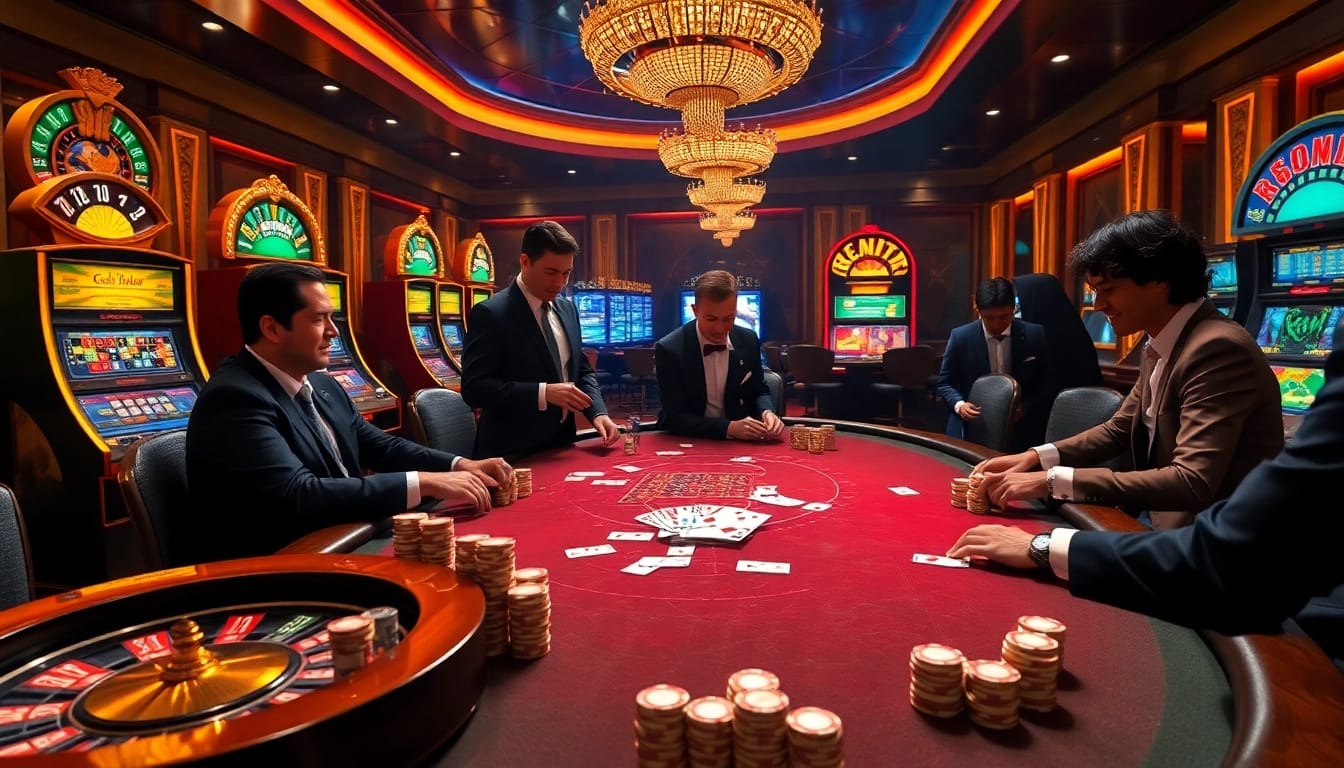 CM88 high-stakes poker game with elegant players, vibrant roulette, and dazzling chips.