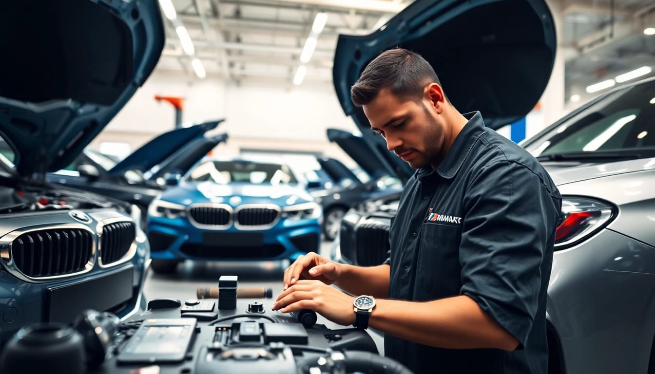 BMW Spezialist repariert Luxusautos in moderner Werkstatt mit hohem technischen Standard.