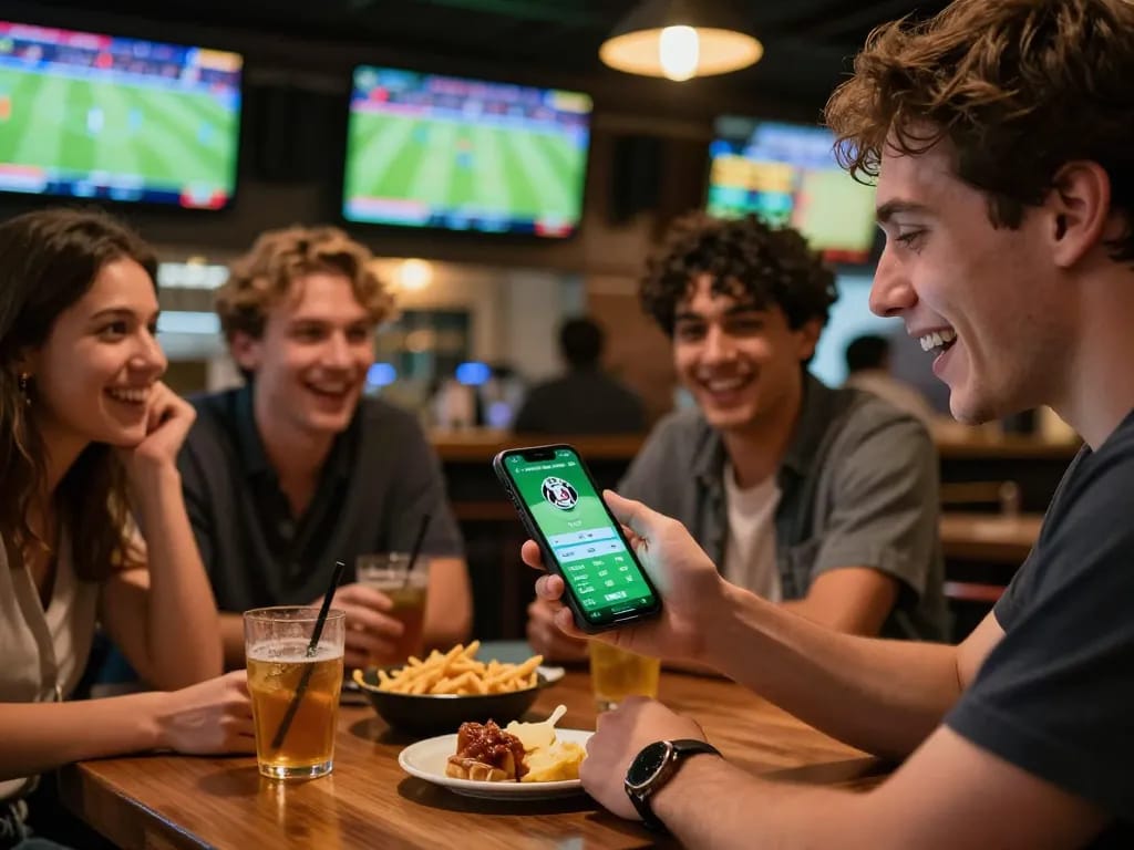 Sports betting excitement can be seen as a fan checks soi kèo bóng đá on their smartphone in a lively bar.