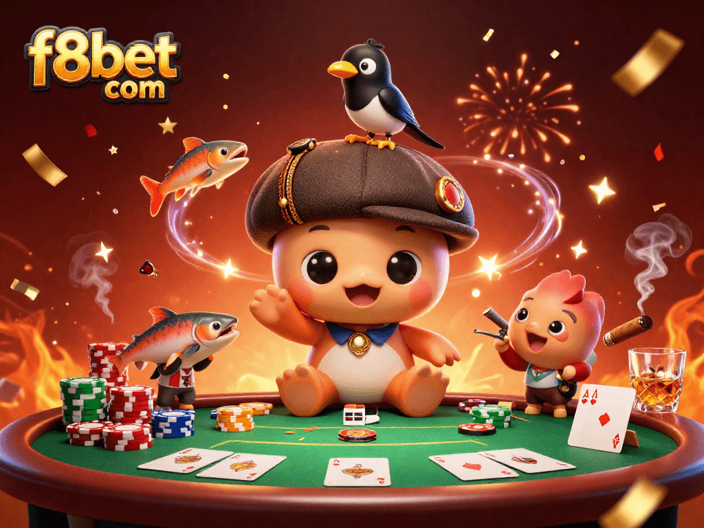 Experience exciting gaming at f8bet com with playful characters celebrating in a vibrant casino scene.
