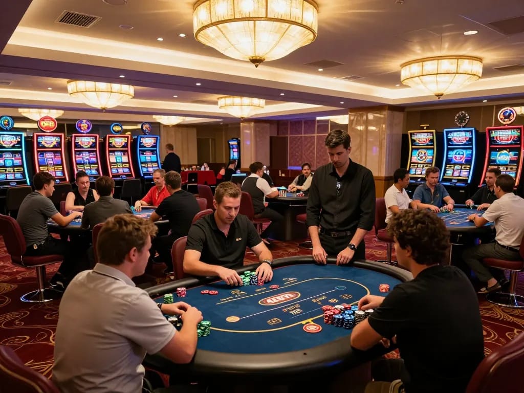 Watch players engage in intense poker action at man88 casino amidst luxurious decor and ambient lighting.