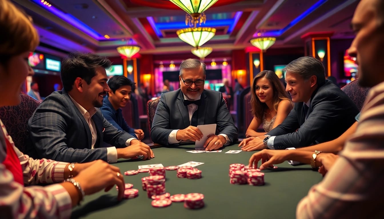 Erleben Sie die Aufregung beim pflegedienst bornheim in einem pompösen Casino mit eleganten Spielern und Karten.