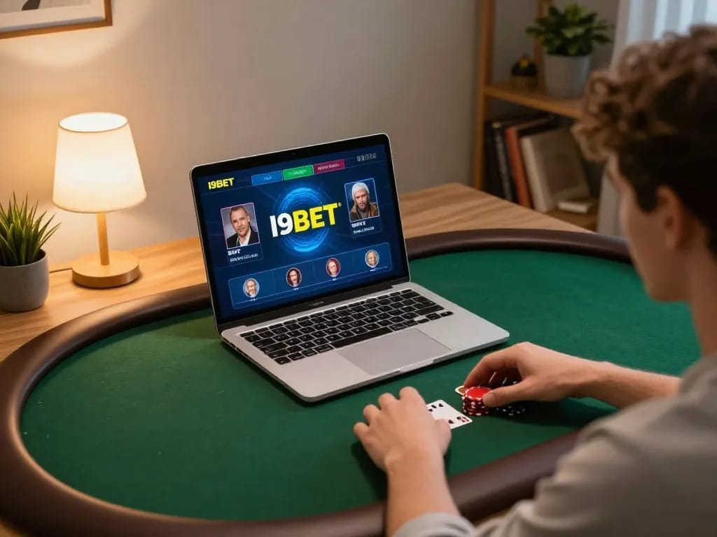 I9BET player strategizing in a cozy home gaming setup with laptop and poker interface.