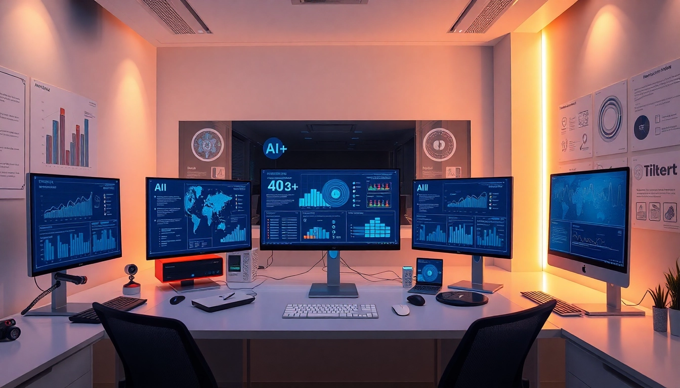 Modern workspace showcasing cutting-edge AI technology and data analytics for 18+ ai.