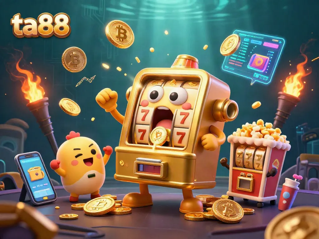 Win big with ta88 as animated slot machines cheer in a vibrant casino scene.
