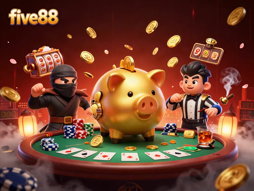 Experience the excitement of five88 with gaming action featuring golden pig sumo wrestler and thrilling poker elements.