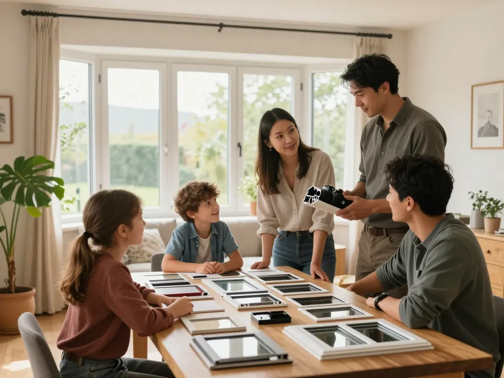Familie bespricht Optionen für Fensterbau Bonn mit einem Auftragnehmer in einem gemütlichen Wohnzimmer.