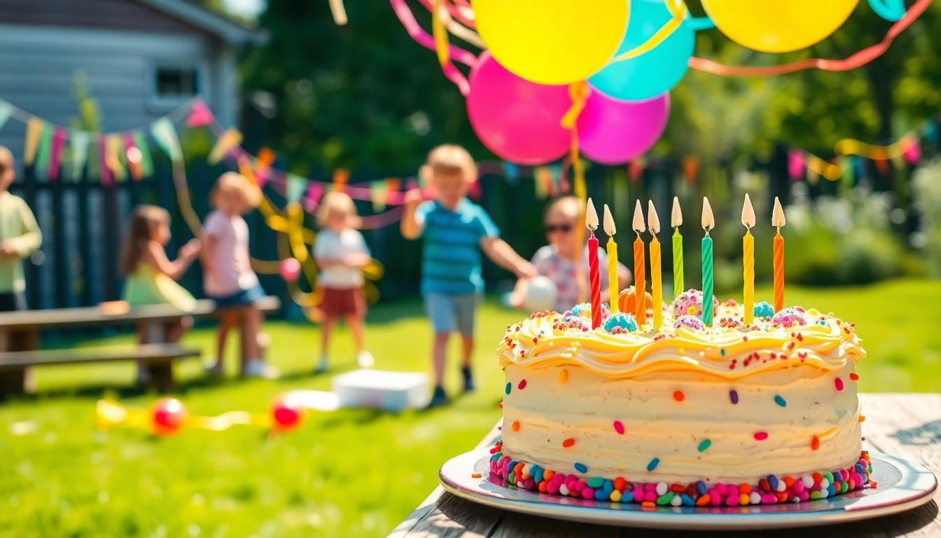 Feier zum Kindergeburtstag 4 Jahre mit buntem Kuchen und spielenden Kindern im Freien.